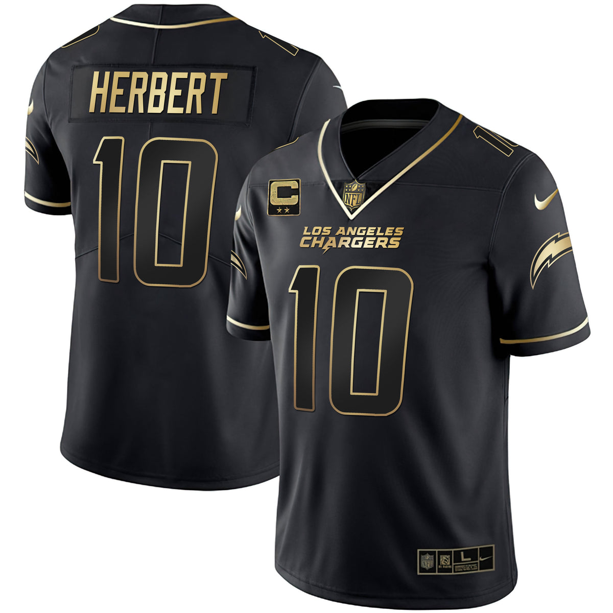 Women's Los Angeles Chargers White Gold & Black Gold Jersey - All Stitched - Black Gold - Justin Herbert — view 1