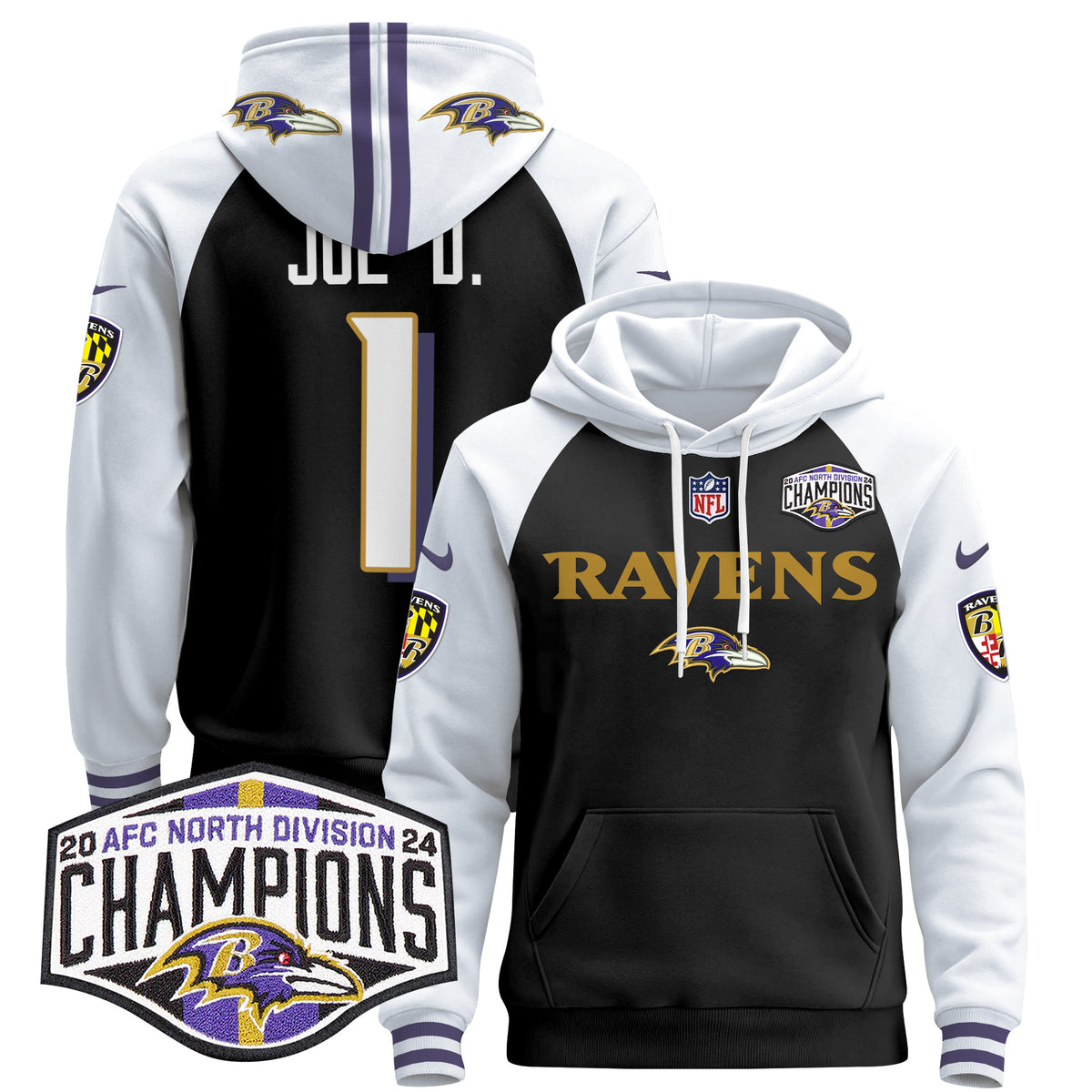 Men's Baltimore Ravens 2024 AFC North Division Champions Patch Pullover Hoodie - All Stitched - Black Alternate - Joe D — view 1
