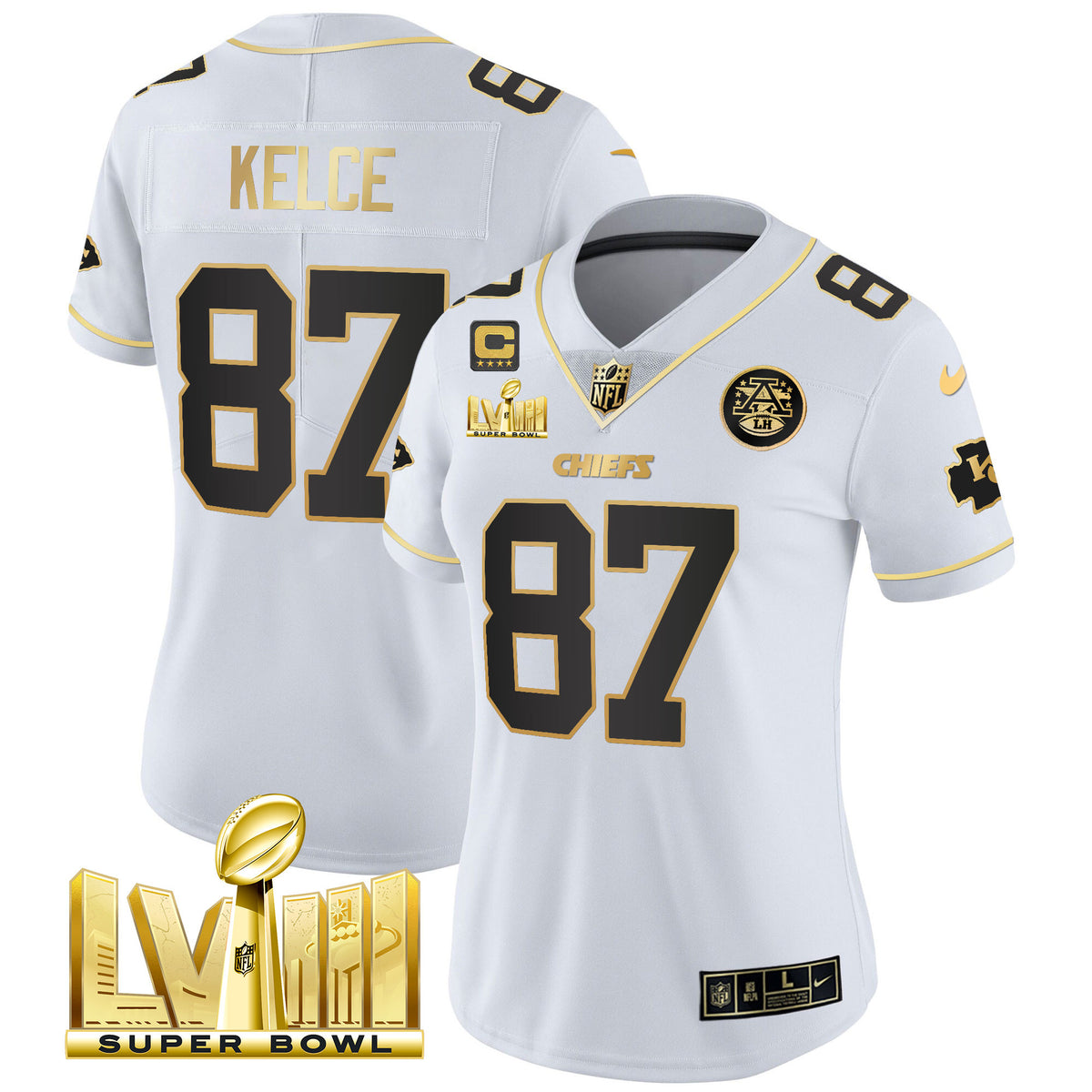 Women's Chiefs Super Bowl LVIII Gold Patch Vapor Jersey V4 - All Stitched - White Gold - Travis Kelce — view 1