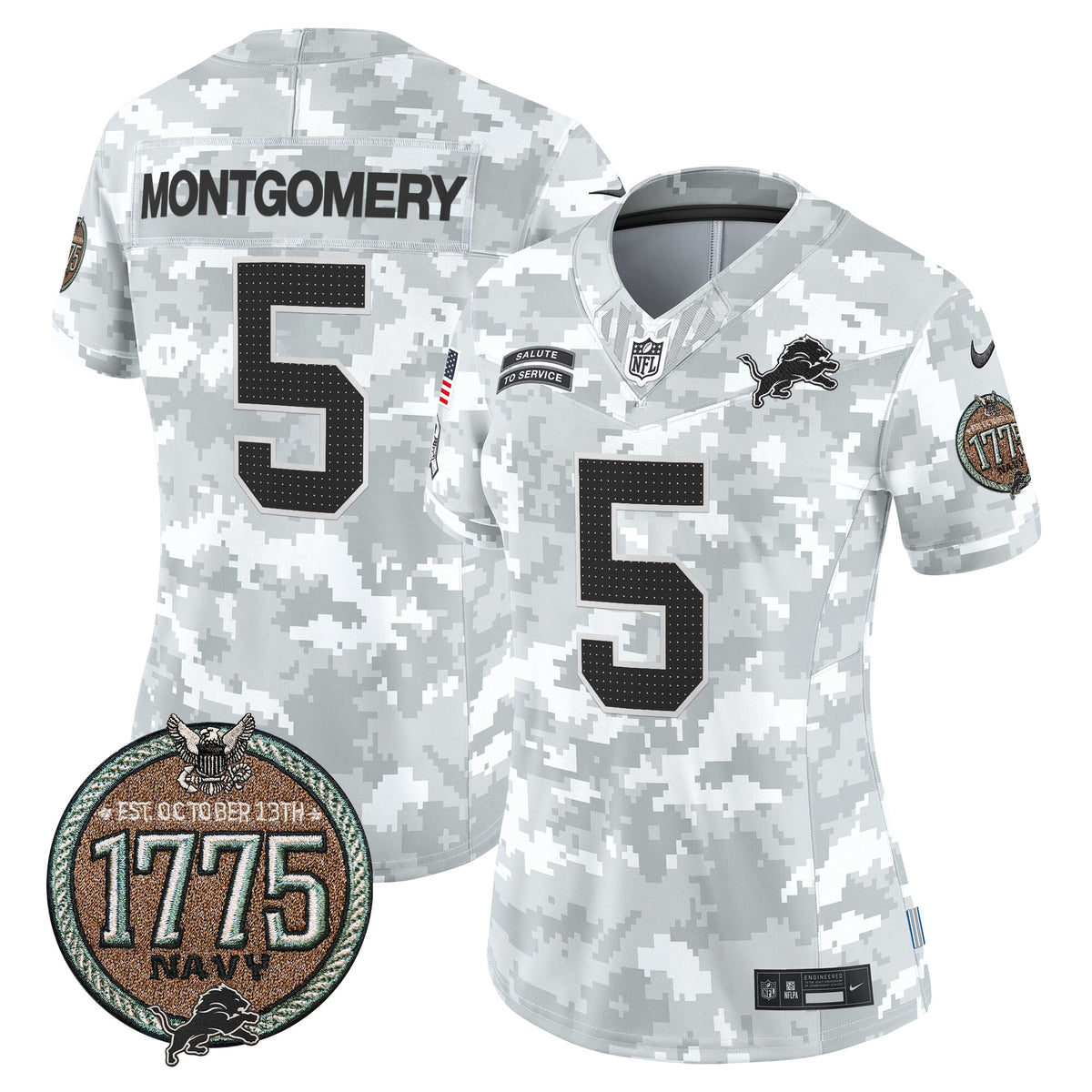 Women's Detroit Lions 2024 Salute to Service Establishment Year Patch Vapor Limited Jersey - All Stitched - Navy - David Montgomery — view 1
