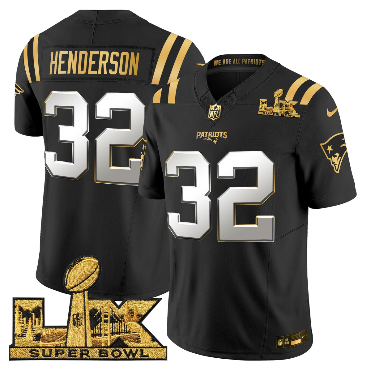 Men's New England Patriots Super Bowl LX Gold Vapor Limited Jersey - All Stitched - Black Limited - TreVeyon Henderson — view 1