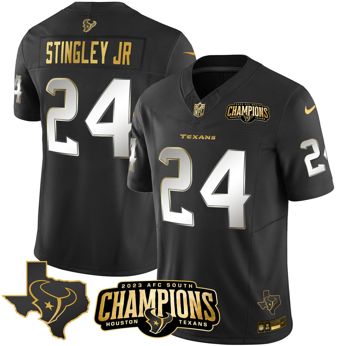 Men's Houston Texans 2023 AFC South Champions Patch Gold Vapor Jersey - All Stitched - Black Limited - Derek Stingley Jr — view 1