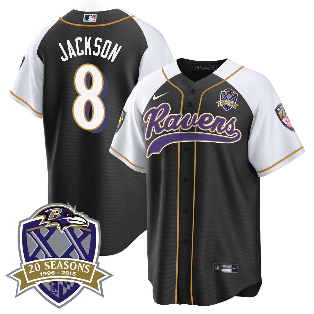Men's Ravens 20th Season Patch Baseball Jersey - All Stitched - Black Alternate - Lamar Jackson — view 1