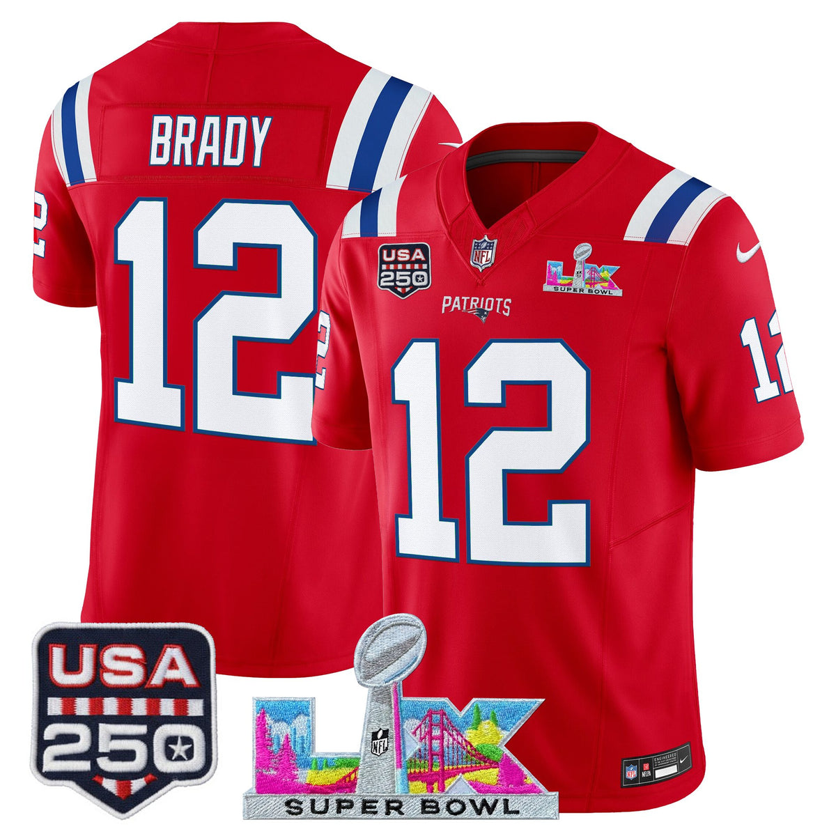 Men's New England Patriots Super Bowl LX & United States 250th Anniversary Patch Vapor Limited Jersey - All Stitched - Red - Tom Brady — view 1