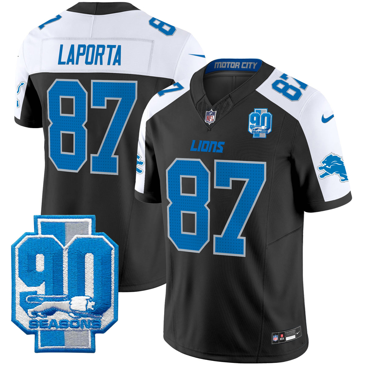 Men's Detroit Lions 90th Year Patch Vapor Limited Jersey - All Stitched - Black Alternate - Sam Laporta — view 1