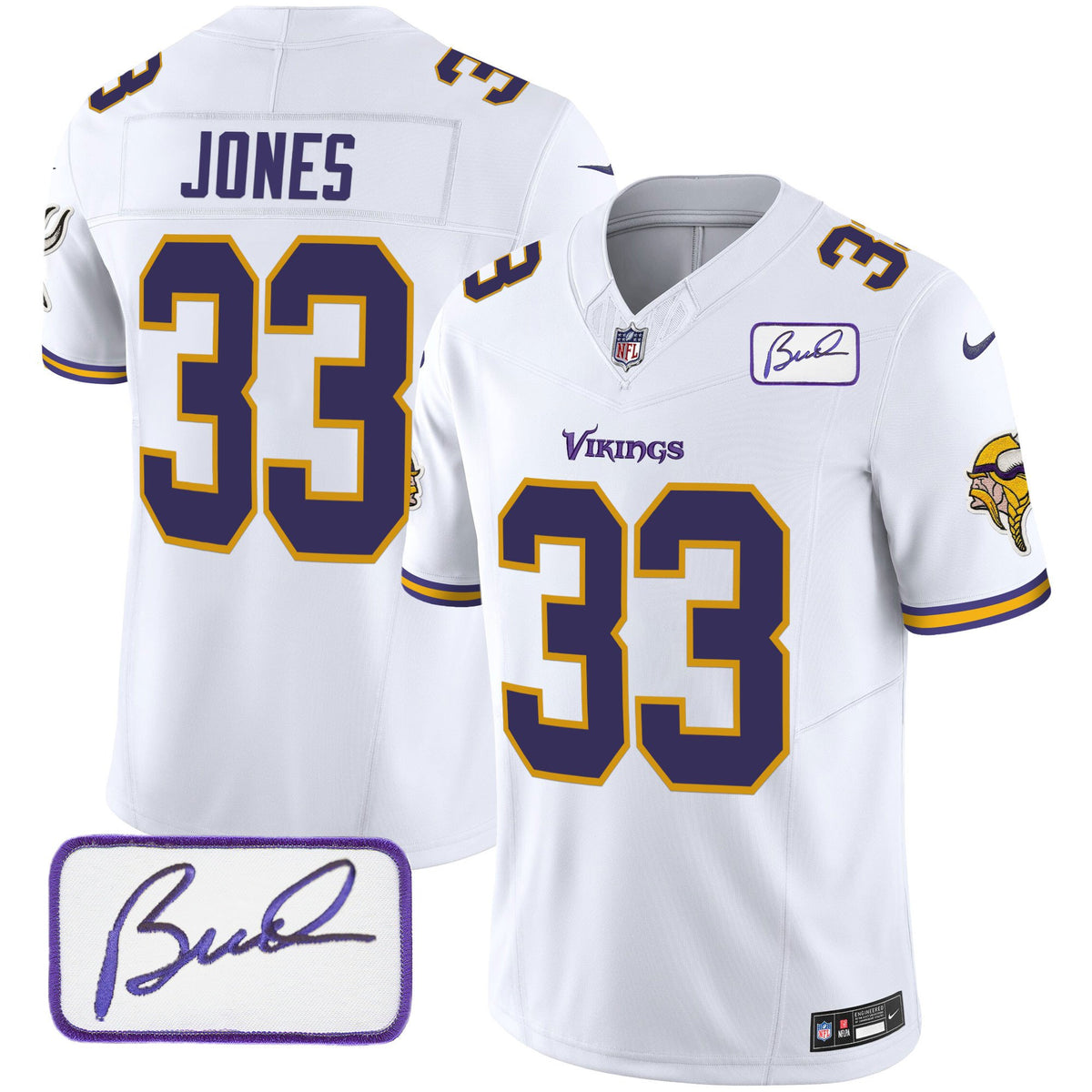 Men's Vikings Bud Grant Patch Classic Limited Jersey V6 - All Stitched - White - Aaron Jones — view 1