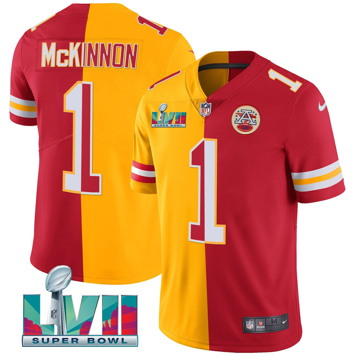 Men's Chiefs Super Bowl LVII Vapor Player Jersey - All Stitched - Split Red-Gold - Jerick McKinnon — view 1