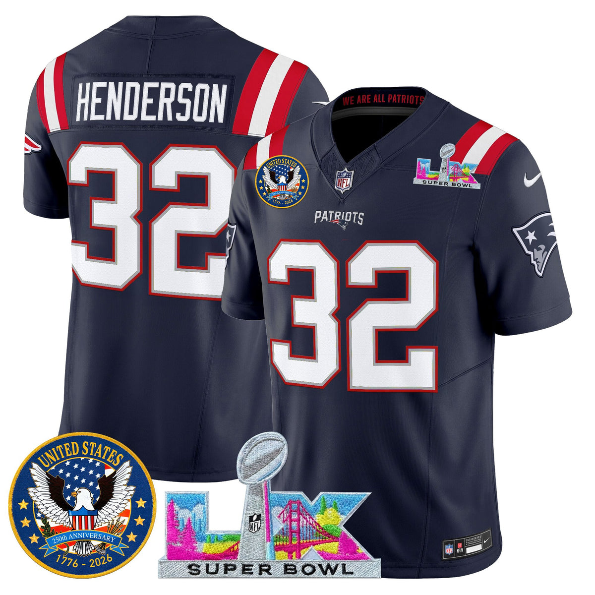 Men's New England Patriots Super Bowl LX & United States 250th Patch Vapor Limited Jersey - All Stitched - Navy - TreVeyon Henderson — view 1