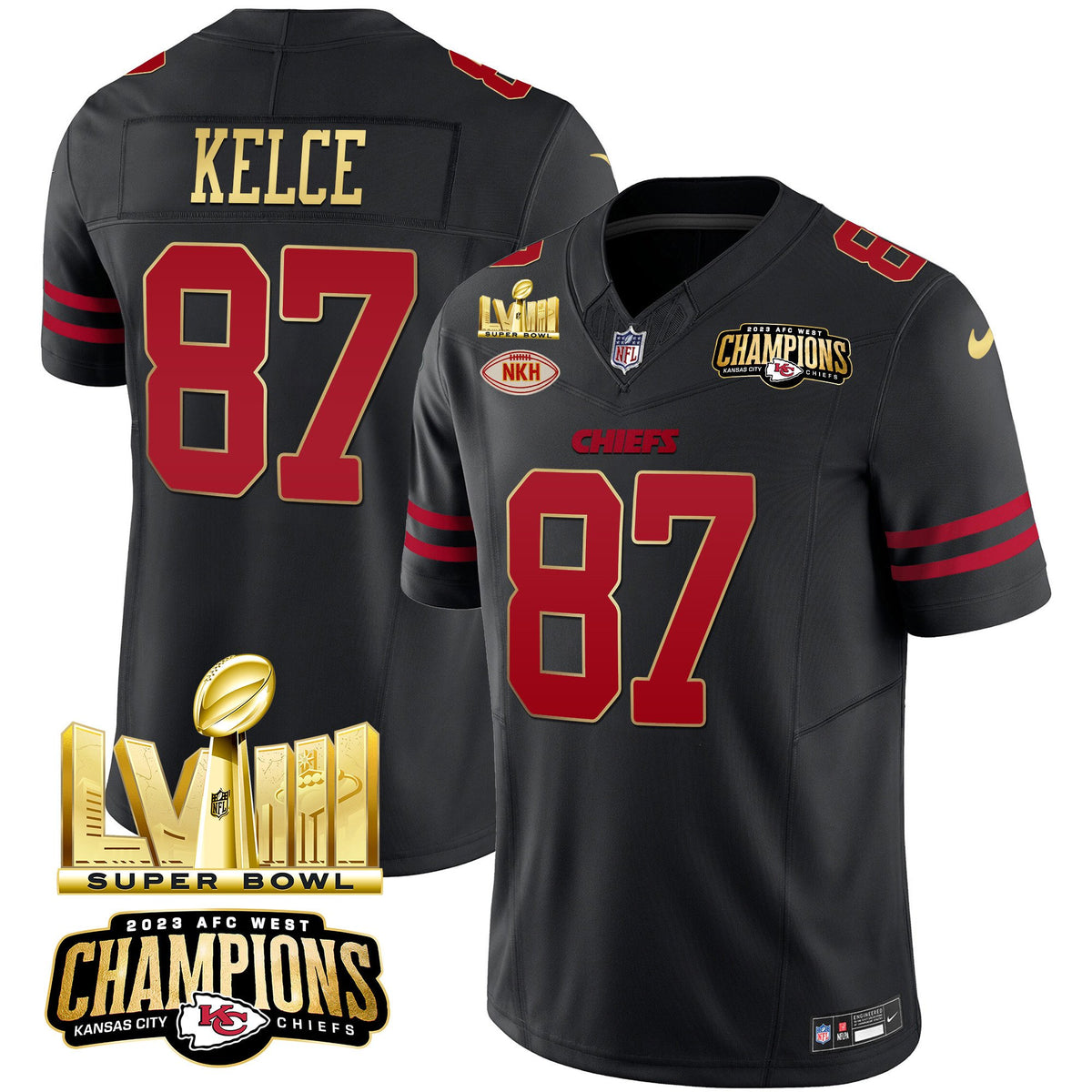 Men's Chiefs AFC West Champions & Super Bowl LVIII Gold Patch Vapor Jersey - All Stitched - Gold Trim - Travis Kelce — view 1