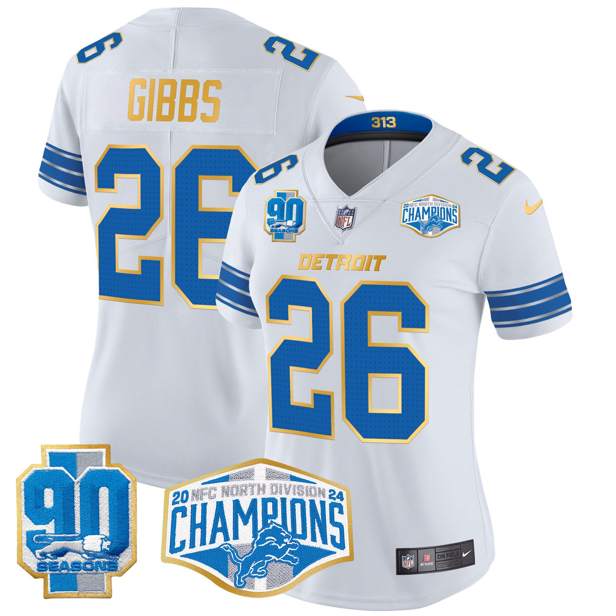 Women's Detroit Lions 2024 NFC North Division Champions Patch Gold Trim Vapor Limited Jersey - All Stitched - White - Jahmyr Gibbs — view 1