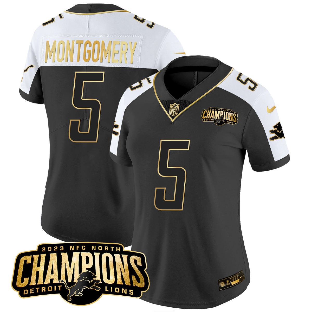 Women's Detroit Lions 2023 NFC North Champions Patch Gold Vapor Jersey - All Stitched - Alternate - David Montgomery — view 1