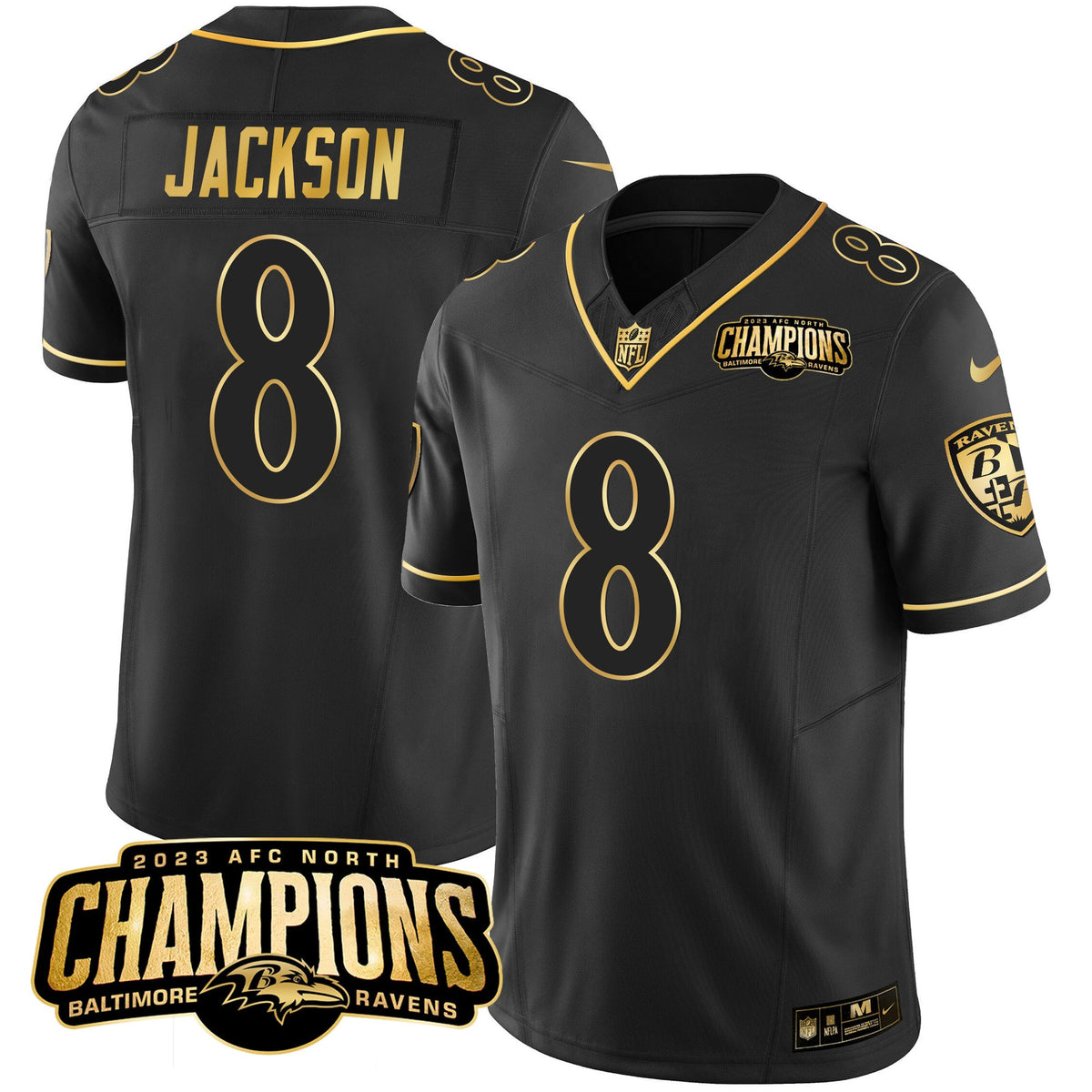 Men's Ravens 2023 AFC North Champions Patch Gold Vapor Jersey - All Stitched - Black Gold - Lamar Jackson — view 1