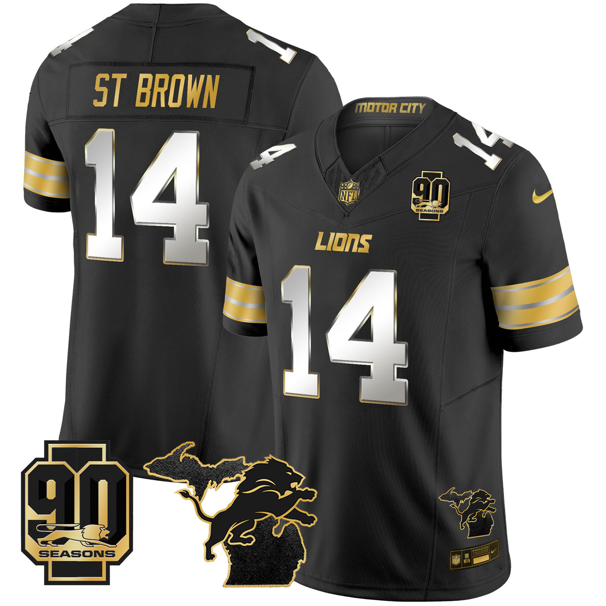 Men's Detroit Lions 2025 Michigan & 90th Season Patch Gold Vapor Limited Jersey - All Stitched - Black Limited - St. Brown — view 1