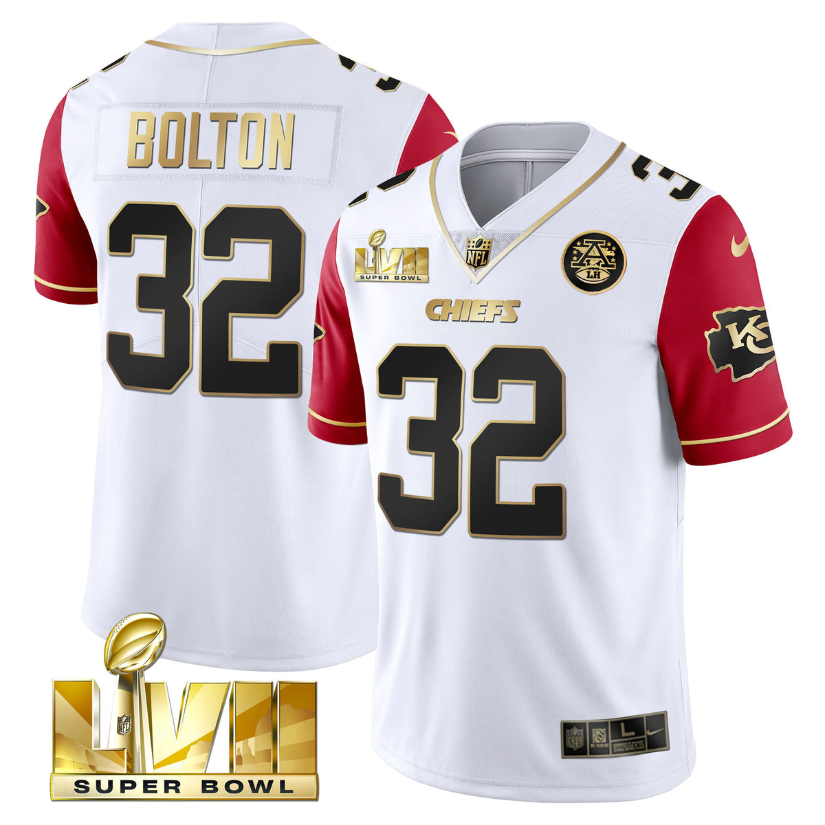 Youth's Chiefs Super Bowl Vapor Gold Jersey - All Stitched - Color Sleeve - Nick Bolton — view 1