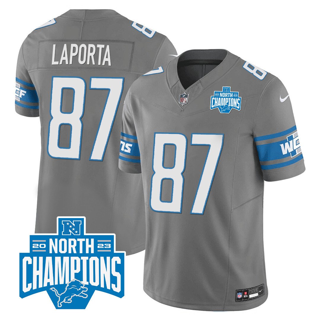 Men's Detroit Lions 2023 NFC North Division Champions Patch Vapor Jersey - All Stitched - Gray - Sam Laporta — view 1