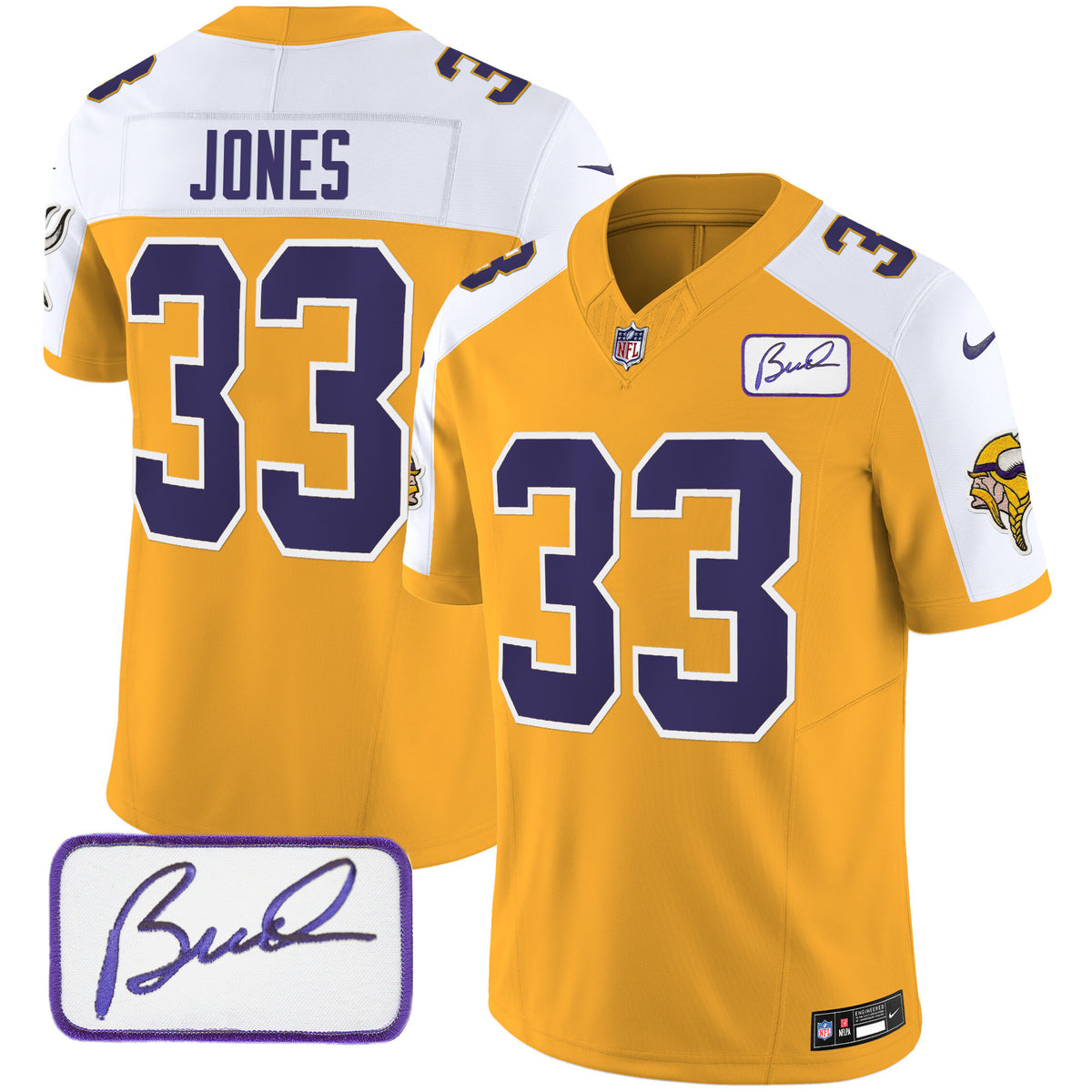 Men's Vikings Bud Grant Patch Classic Limited Jersey V3 - All Stitched - Gold Alternate - Aaron Jones — view 1