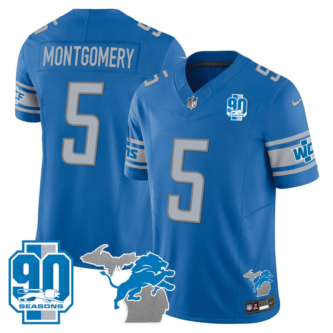 Men's Detroit Lions 90th Year & Michigan Patch Vapor Jersey - All Stitched - Blue - David Montgomery — view 1