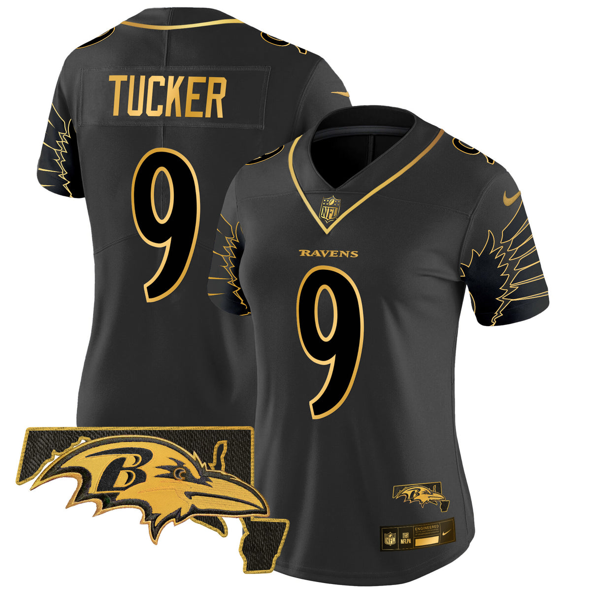 Women's Ravens Maryland Patch Gold Vapor Limited Jersey V2 - All Stitched - Black Gold - Justin Tucker — view 1