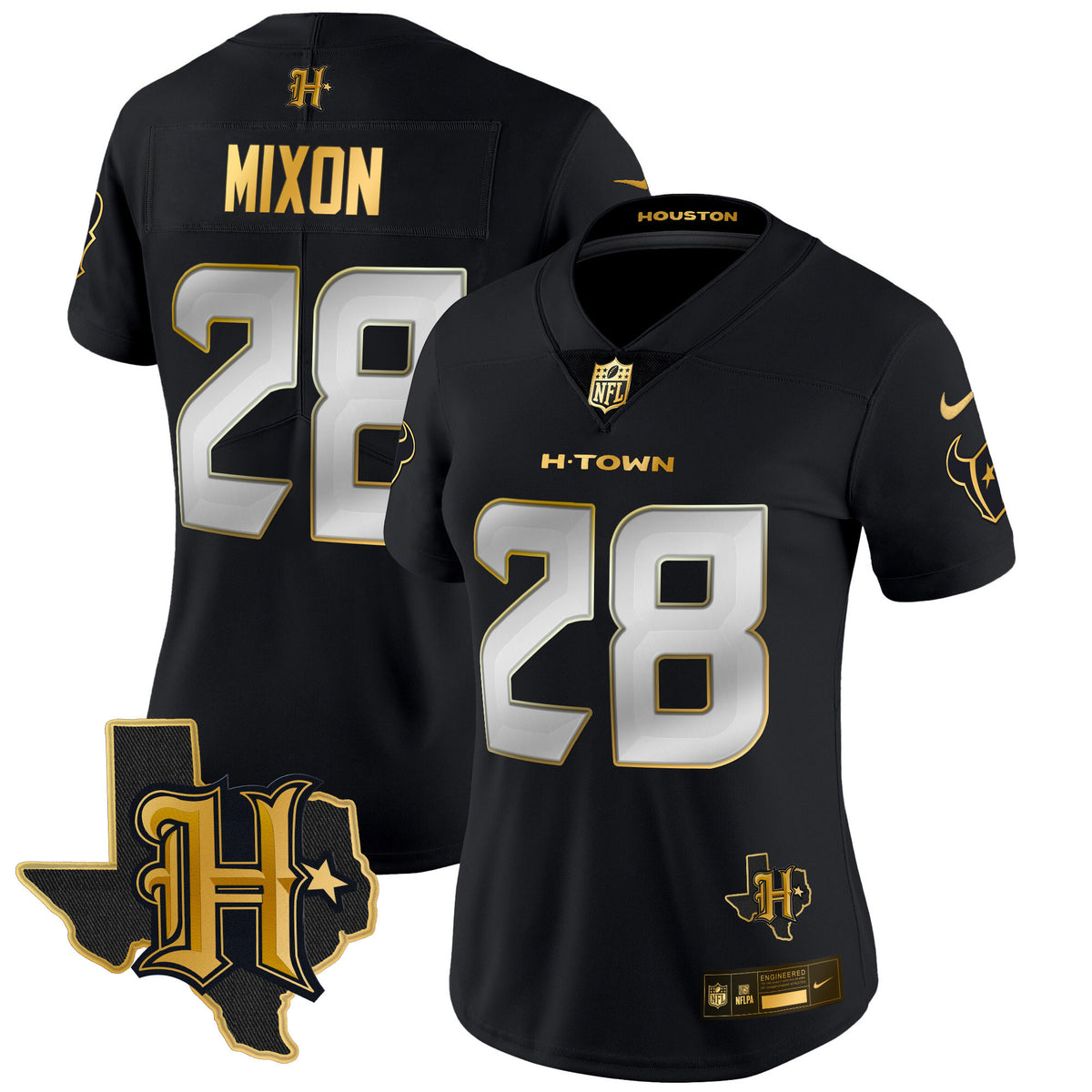 Women's Houston Texans 2024 Texas Patch Gold Vapor Limited Jersey - All Stitched - Black Limited - Joe Mixon — view 1