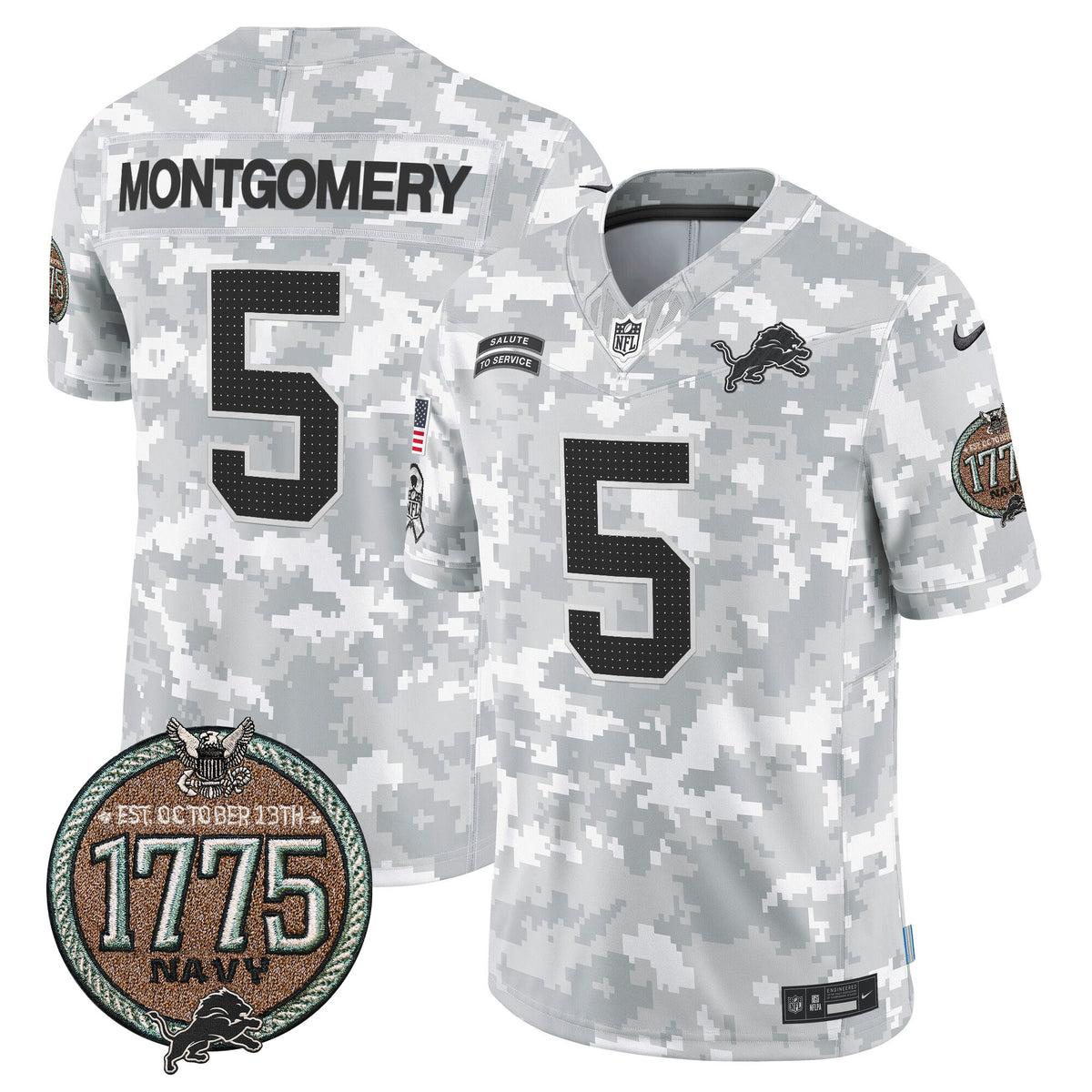 Men's Detroit Lions 2024 Salute to Service Establishment Year Patch Vapor Limited Jersey - All Stitched - Navy - David Montgomery — view 1