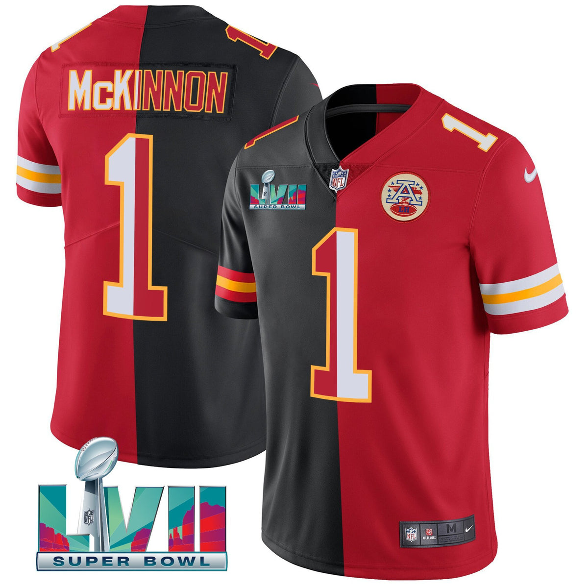 Men's Chiefs Super Bowl LVII Vapor Player Jersey - All Stitched - Split Red-Black - Jerick McKinnon — view 1