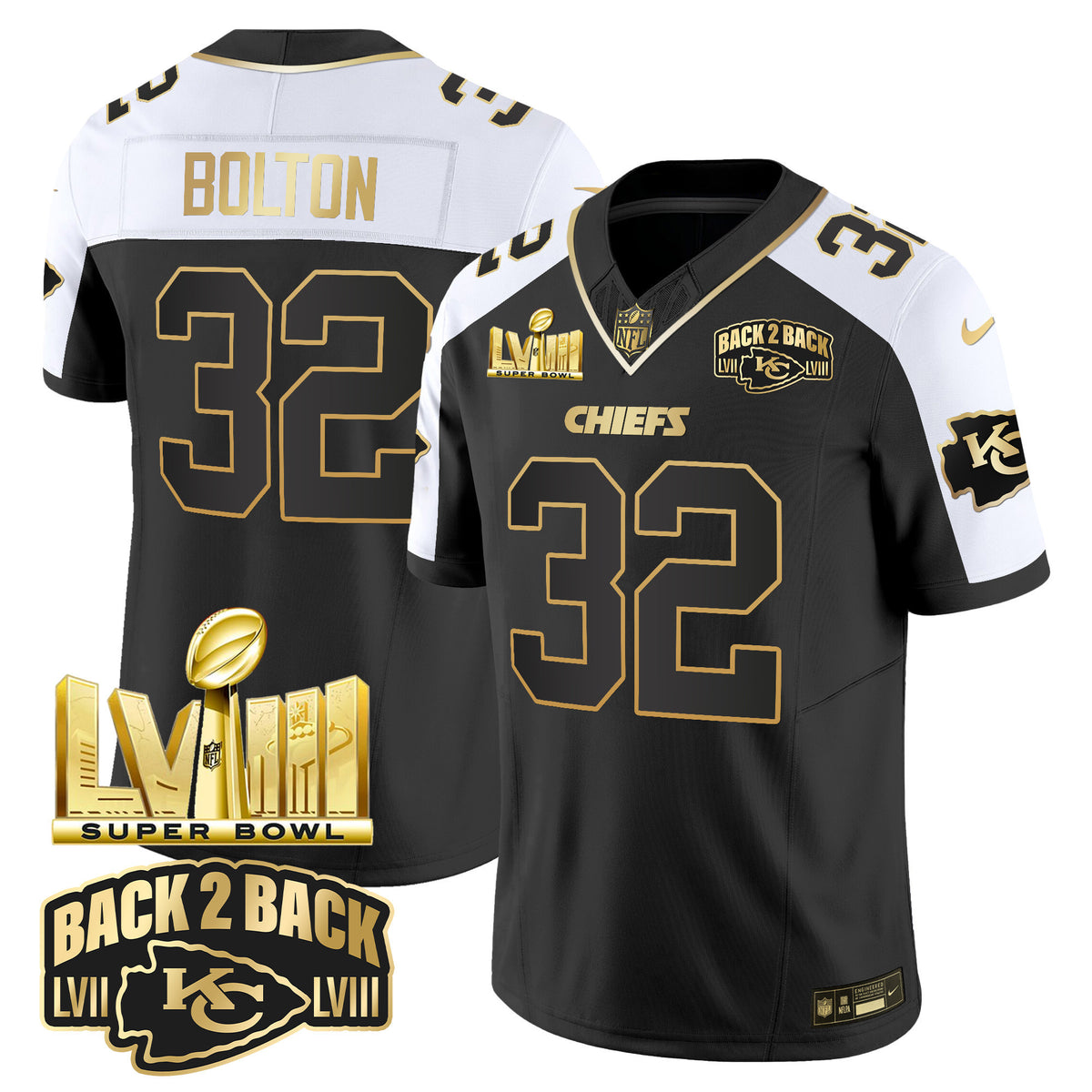 Men's Chiefs Super Bowl LVIII & Back 2 Back Gold Patch Vapor Jersey V2 - All Stitched - Alternate - Nick Bolton — view 1