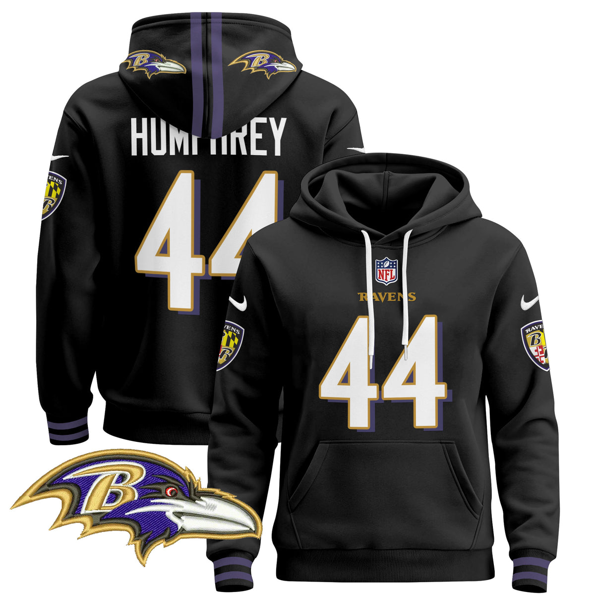 Men's Baltimore Ravens 2024 Pullover Hoodie V4 - All Stitched - Black - Marlon Humphrey — view 1