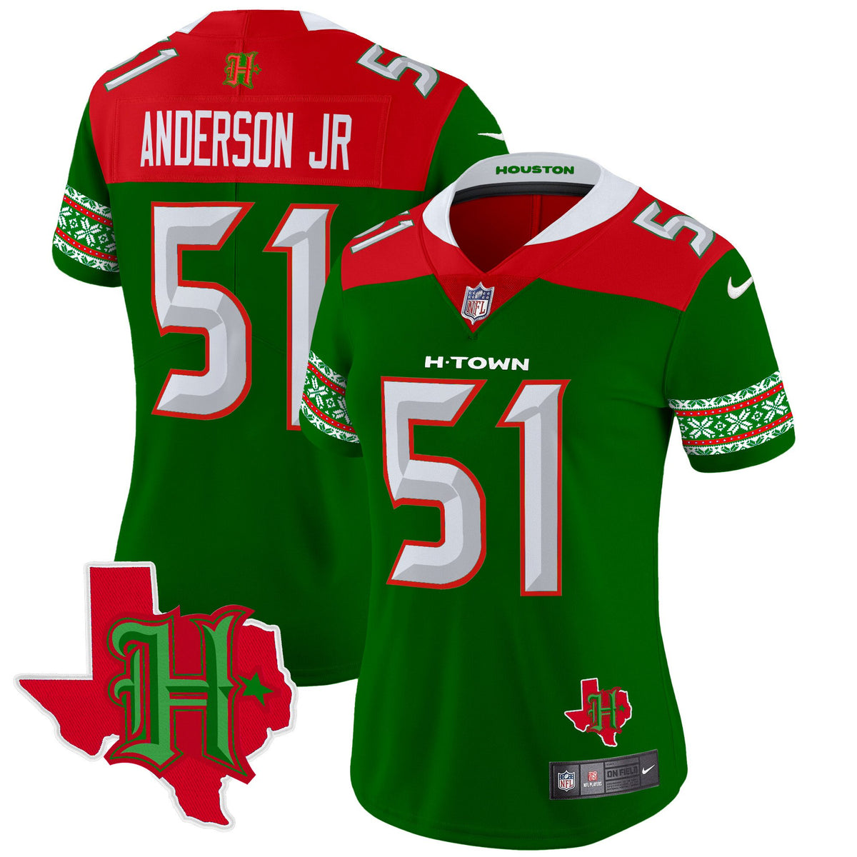Women's Houston Texans 2024 Christmas Vapor Limited Jersey - All Stitched - Green - Will Anderson Jr — view 1