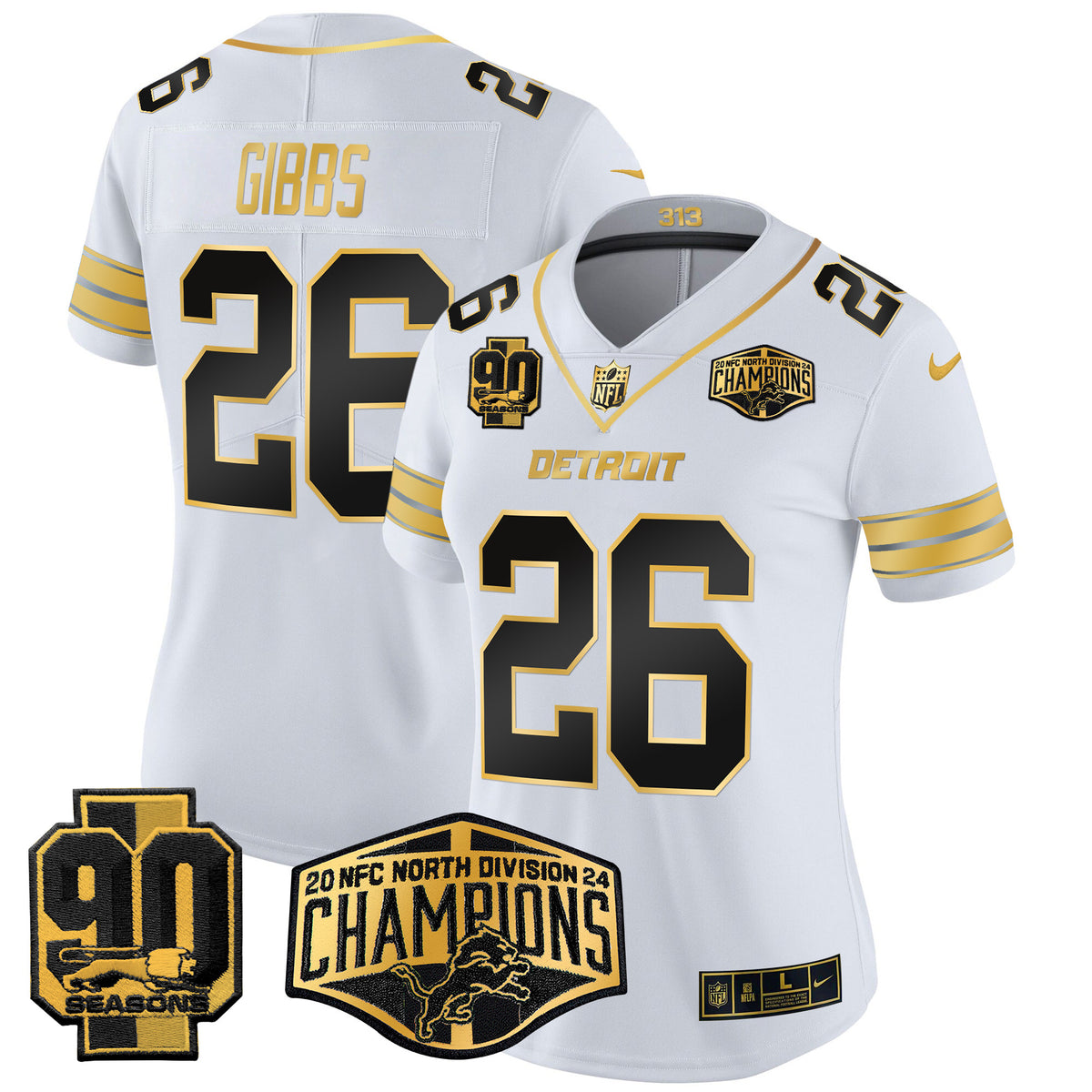 Women's Detroit Lions 2024 NFC North Division Champions Patch Gold Vapor Limited Jersey - All Stitched - White Gold - Jahmyr Gibbs — view 1