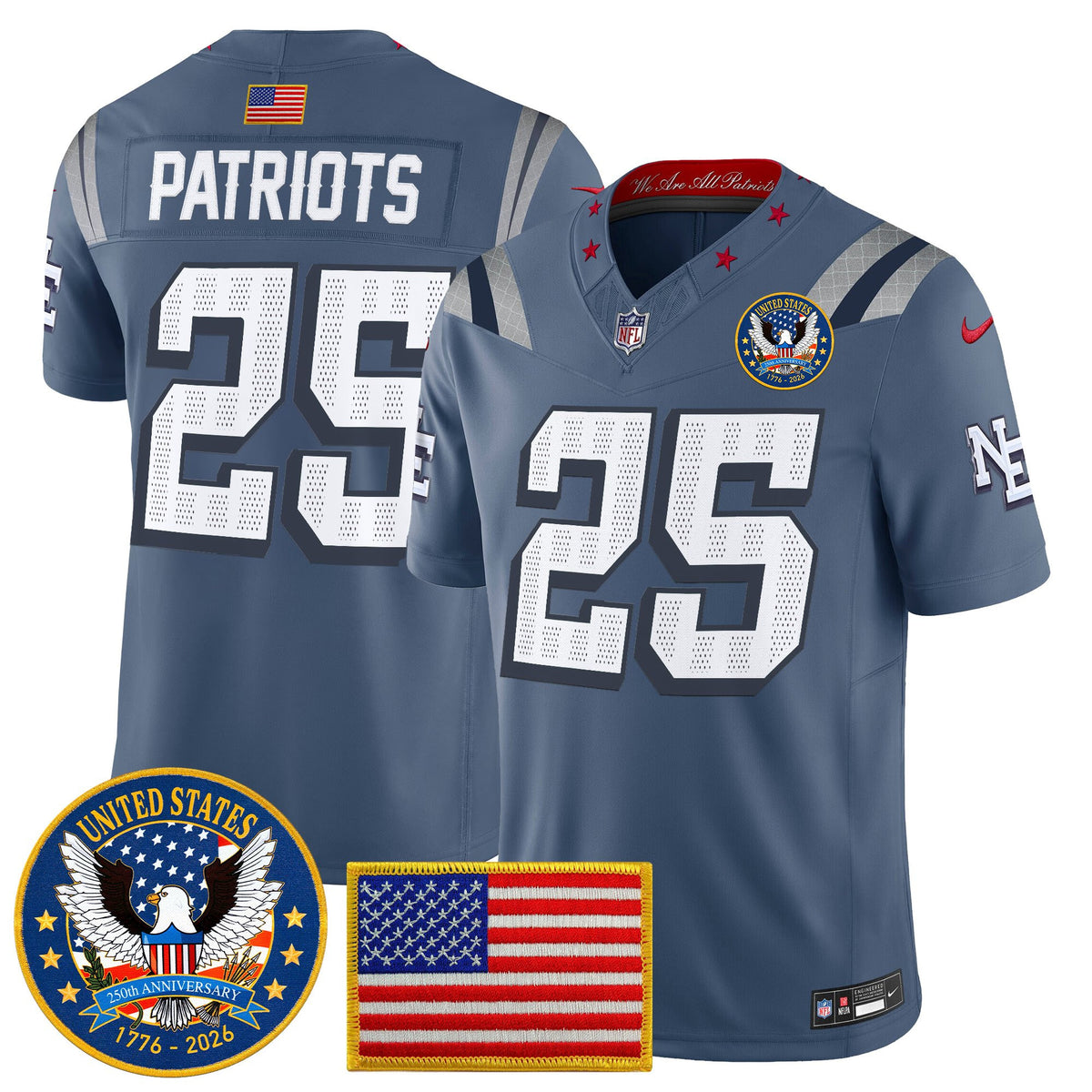 Men's New England Patriots United States 250th Anniversary Patch Vapor Limited Jersey - All Stitched - Storm Blue - #25 Patriots — view 1
