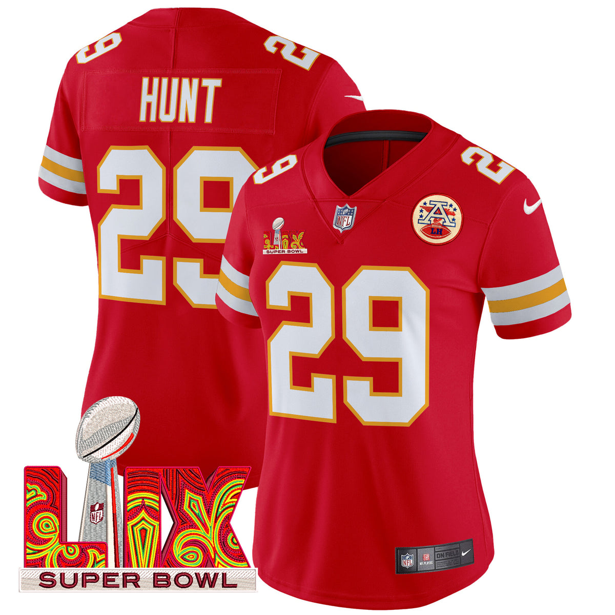 Women's Chiefs Super Bowl LIX Patch Vapor Limited Jersey - All Stitched - Red - Kareem Hunt — view 1