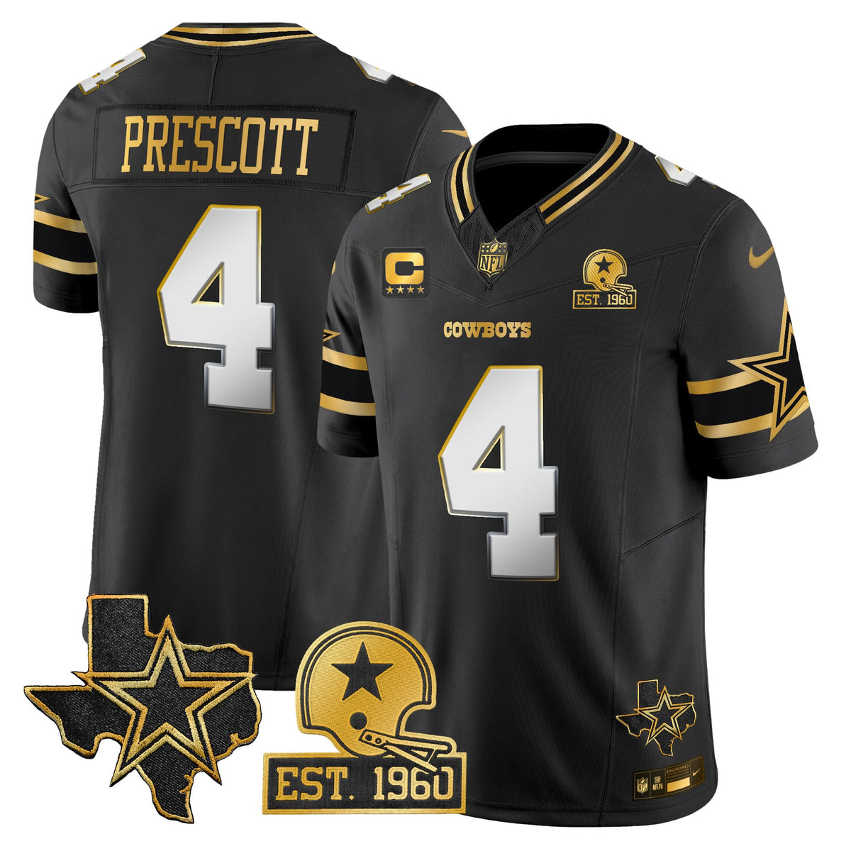 Men's Dallas Cowboys Est. 1960 & Texas Patch Gold Vapor Limited Jersey - All Stitched - Black Limited - Dak Prescott — view 1