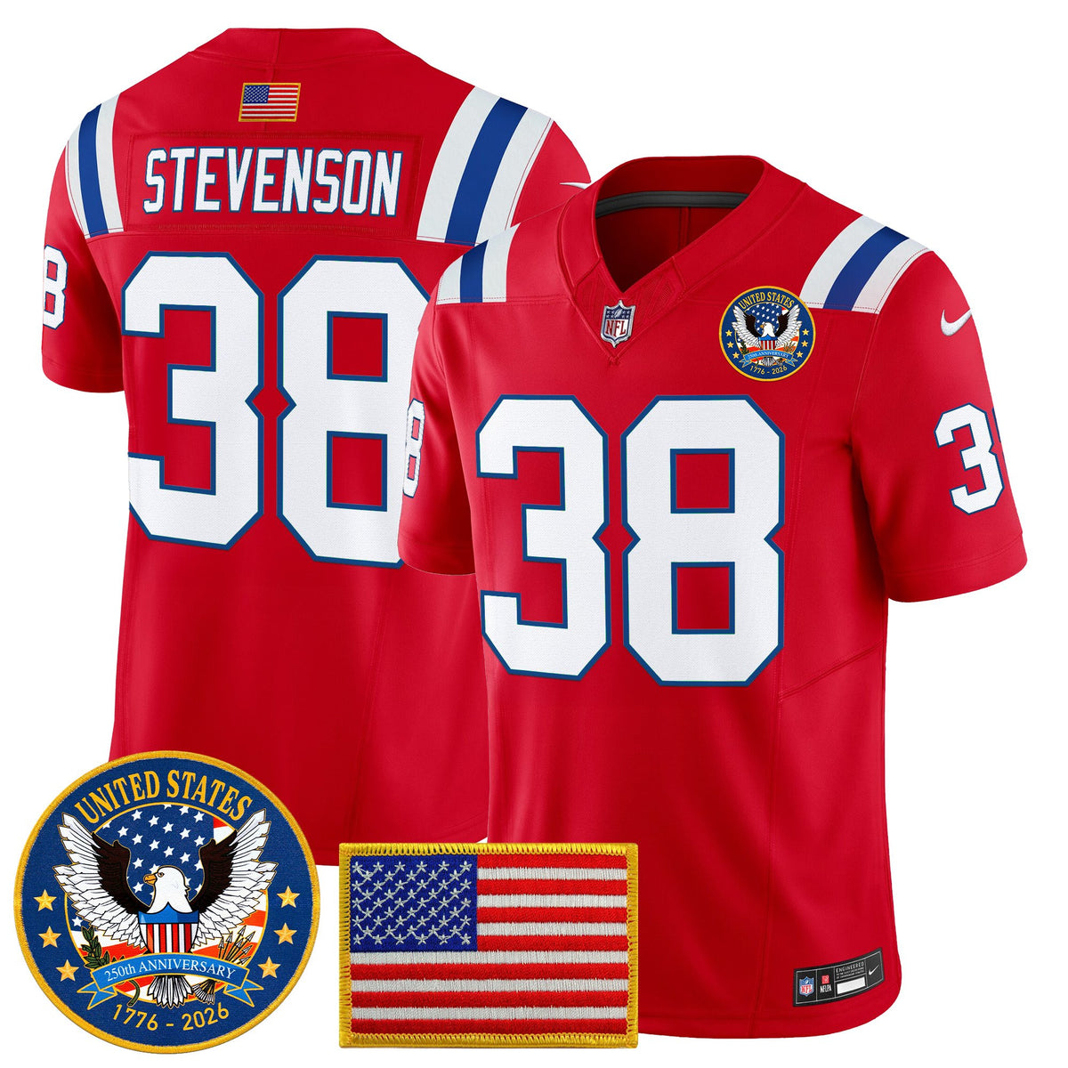 Men's New England Patriots United States 250th Anniversary Patch Vapor Limited Jersey - All Stitched - Red - Rhamondre Stevenson — view 1