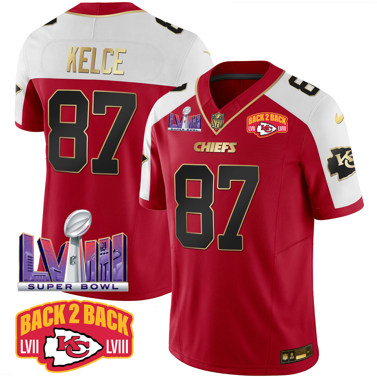 Men's Chiefs Super Bowl LVIII & Back 2 Back Patch Vapor Jersey - All Stitched - Red Alternate - Travis Kelce — view 1