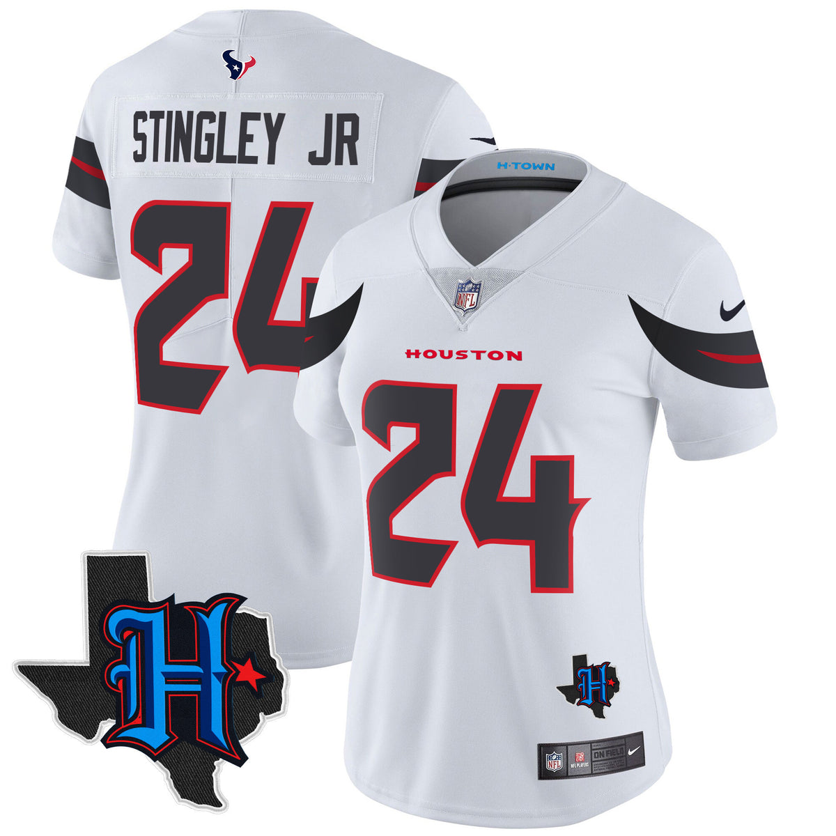 Women's Houston Texans 2024 Texas Patch Vapor Limited Jersey - All Stitched - White - Derek Stingley Jr — view 1