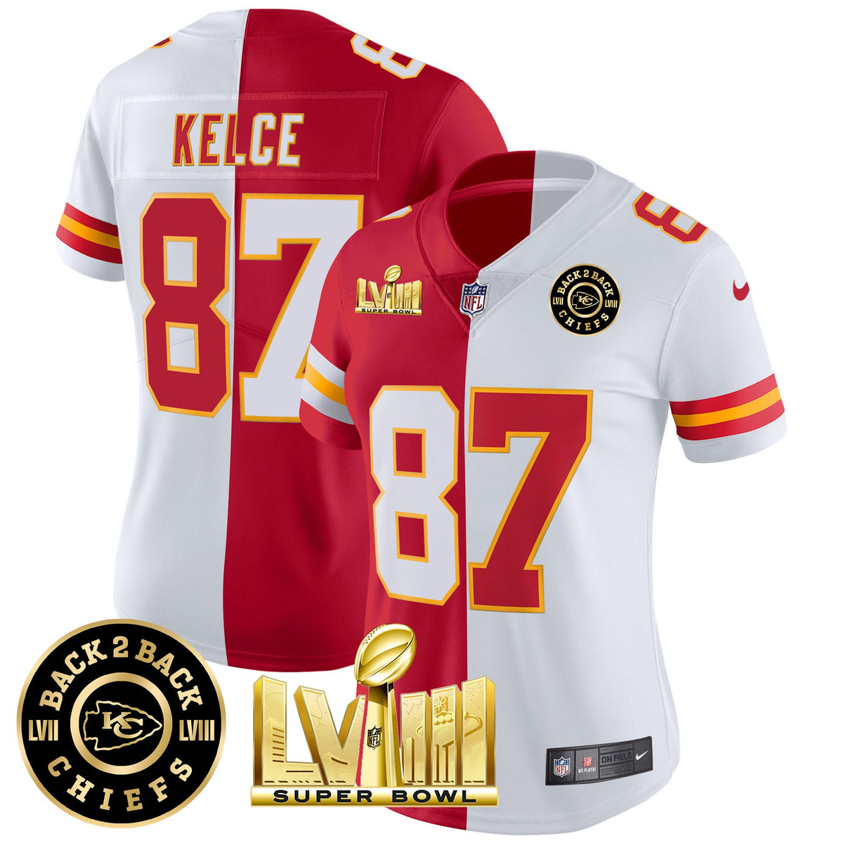 Women's Chiefs Super Bowl LVIII & Back 2 Back Patch Vapor Jersey V4 - All Stitched - Split - Travis Kelce — view 1