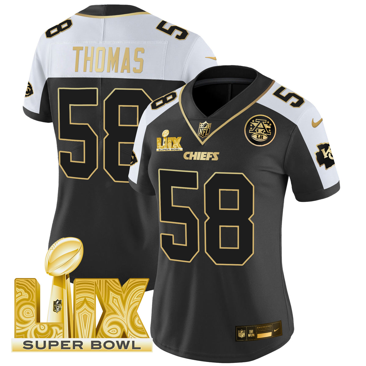 Women's Chiefs Super Bowl LIX Patch Gold Vapor Limited Jersey - All Stitched - Alternate - Derrick Thomas — view 1