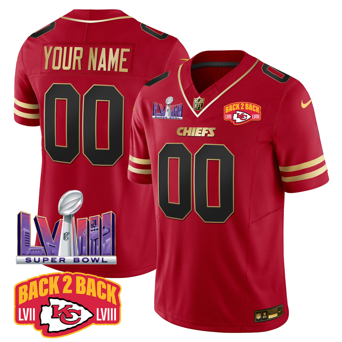Chiefs Super Bowl LVIII & Back 2 Back Patch Vapor Custom Jersey - All Stitched - Black Red — view 1