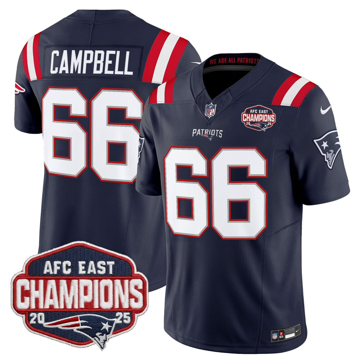 Men's New England Patriots 2025 AFC East Division Champions Vapor Limited Jersey - All Stitched - Navy - Will Campbell — view 1
