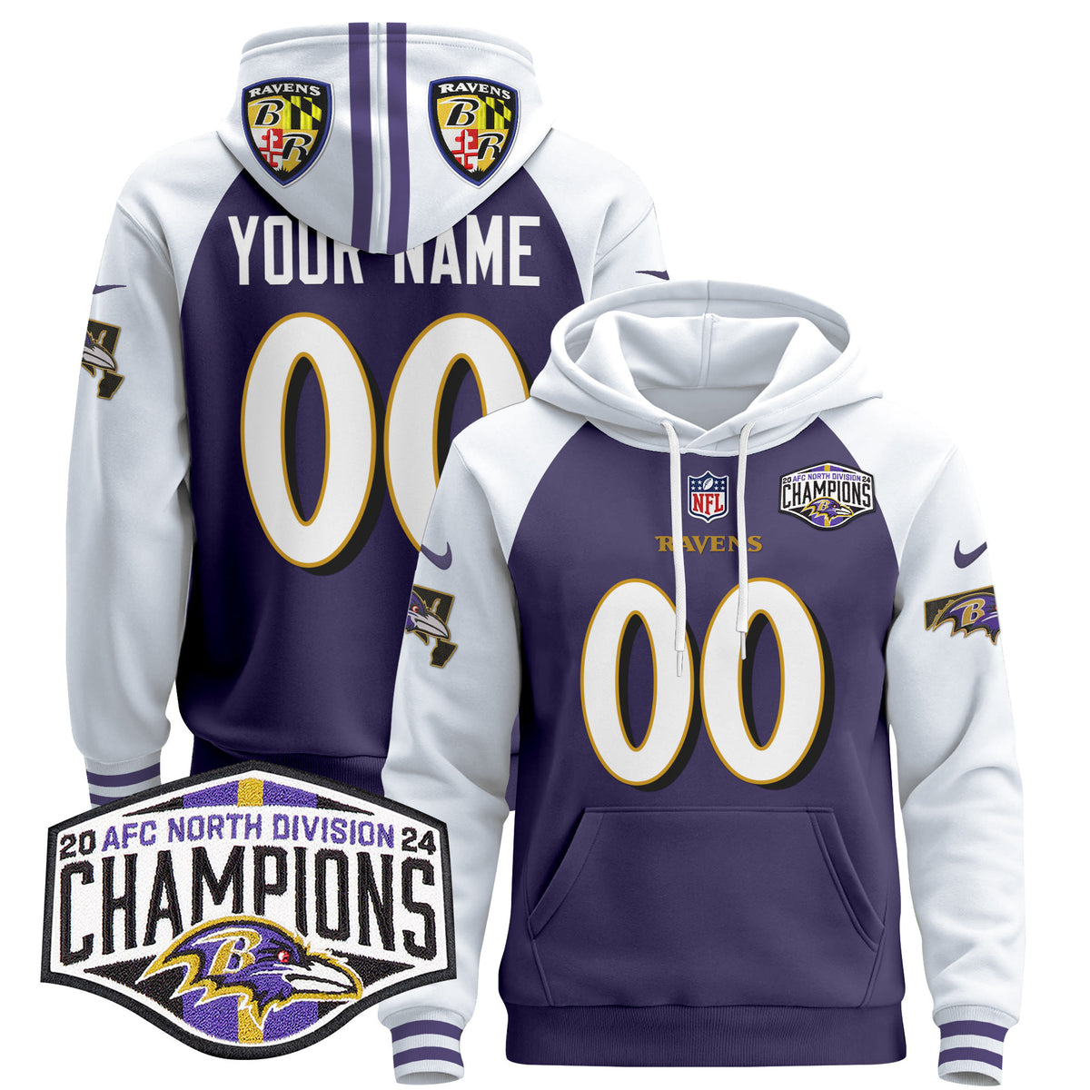 Baltimore Ravens 2024 AFC North Division Champions Patch Custom Pullover Hoodie V2 - All Stitched - Purple Alternate — view 1