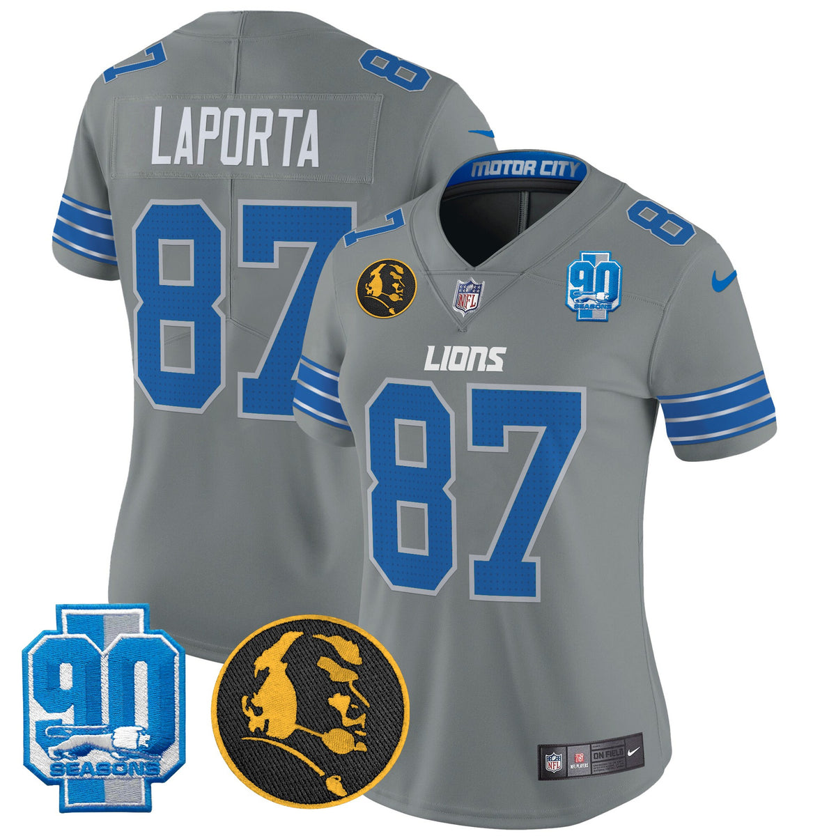 Women's Detroit Lions 2024 90th & John Madden Patch Vapor Limited Jersey - All Stitched - Gray - Sam Laporta — view 1