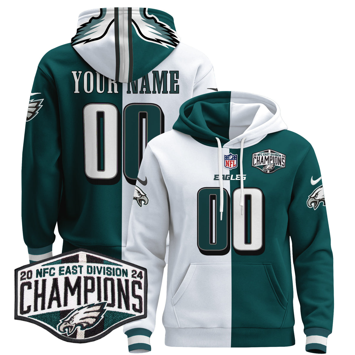 Eagles 2024 NFC East Division Champions Patch Custom Pullover Hoodie - All Stitched - Split — view 1