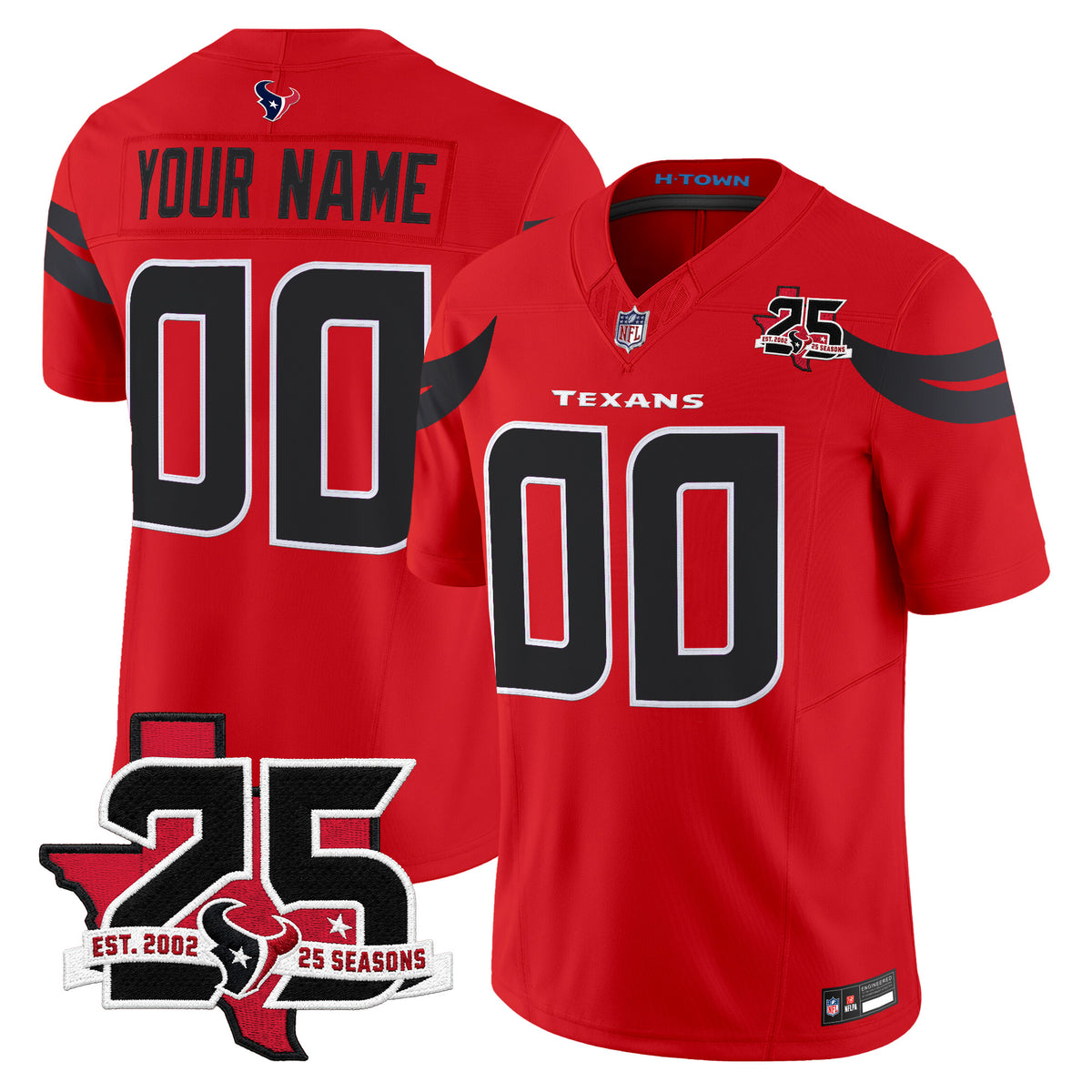 Houston Texans 25th Year Anniversary Patch Vapor Limited Custom Jersey - All Stitched - Red — view 1