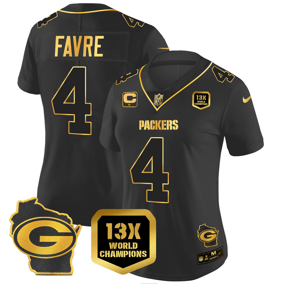 Women's Packers 13 Time World Champions & Home Patch Gold Vapor Jersey – All Stitched - Black Gold - Brett Favre — view 1