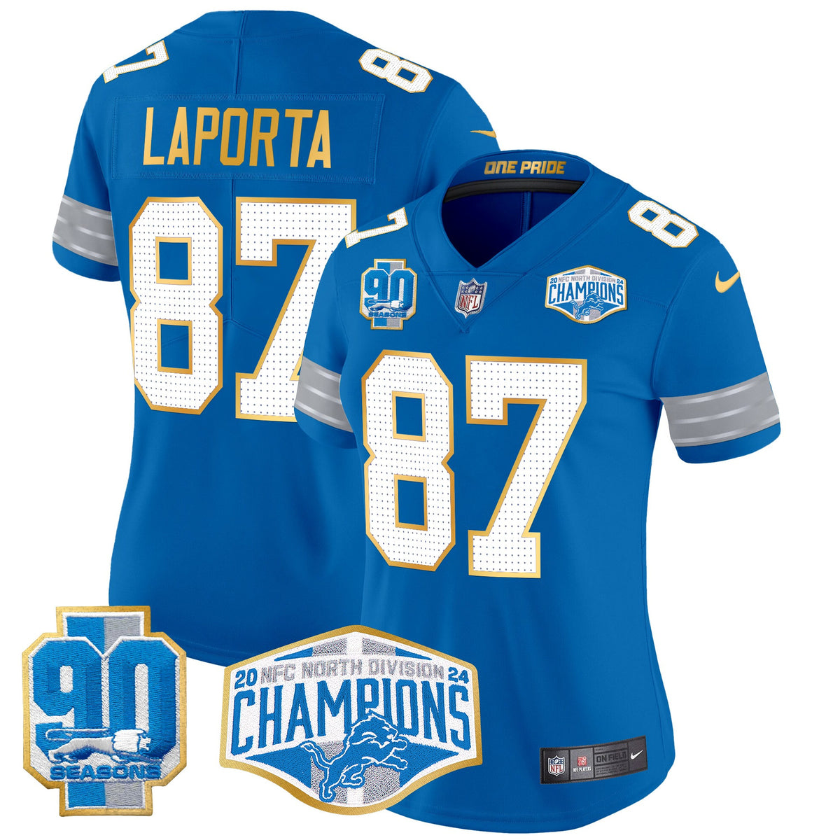 Women's Detroit Lions 2024 NFC North Division Champions Patch Gold Trim Vapor Limited Jersey - All Stitched - Blue - Sam Laporta — view 1