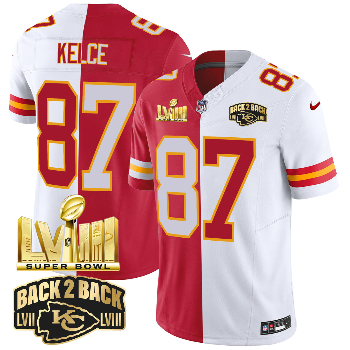 Men's Chiefs Super Bowl LVIII & Back 2 Back Gold Patch Vapor Jersey V2 - All Stitched - Split - Travis Kelce — view 1