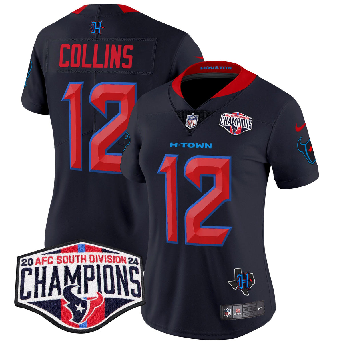 Women's Houston Texans 2024 AFC South Division Champions Patch Vapor Limited Jersey - All Stitched - Navy Limited - Nico Collins — view 1