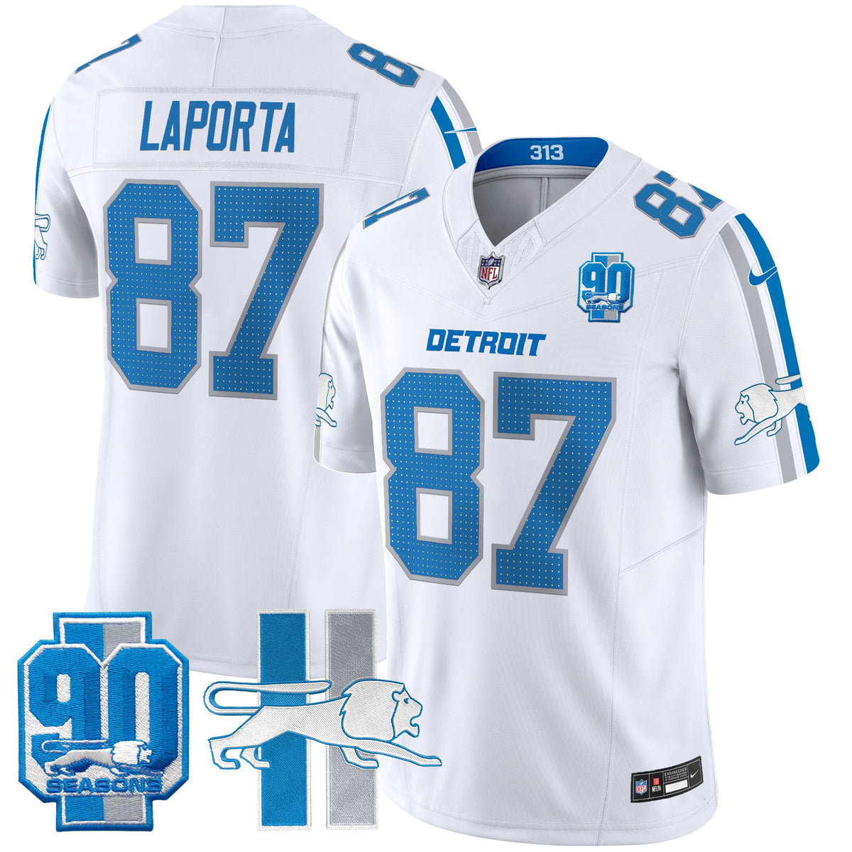Men's Detroit Lions Throwback 90th Year Patch Vapor Limited Jersey - All Stitched - White - Sam Laporta — view 1