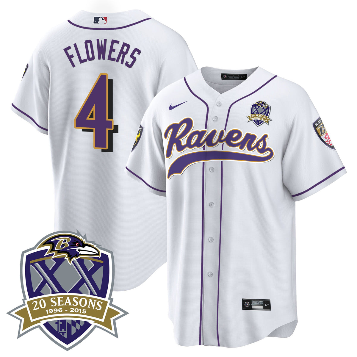 Men's Ravens 20th Season Patch Baseball Jersey - All Stitched - White - Zay Flowers — view 1