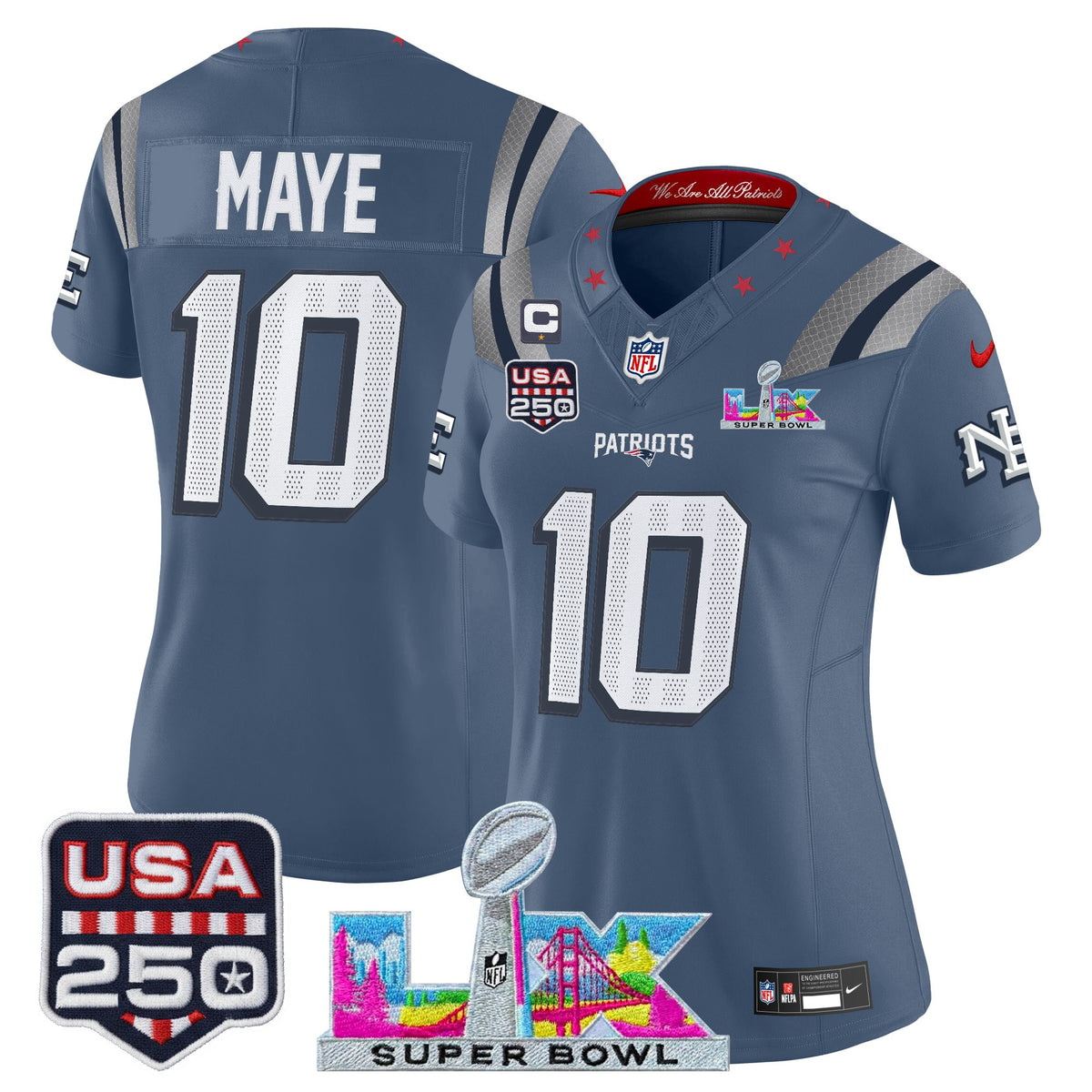 Women's New England Patriots Super Bowl LX & United States 250th Anniversary Patch Vapor Limited Jersey - All Stitched - Storm Blue - Drake Maye — view 1